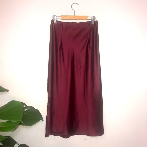 Satin Wine Midi Slip Skirt - Picture 3 of 8